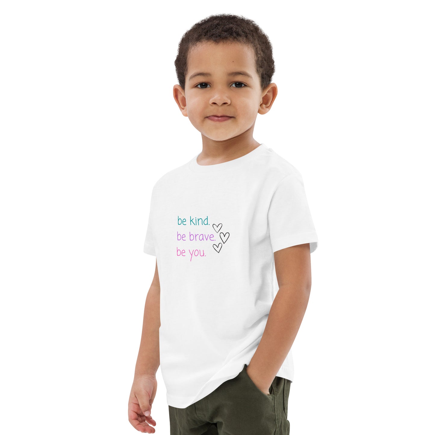 Organic cotton kids t-shirt - be kind. be brave. be you. (hearts)